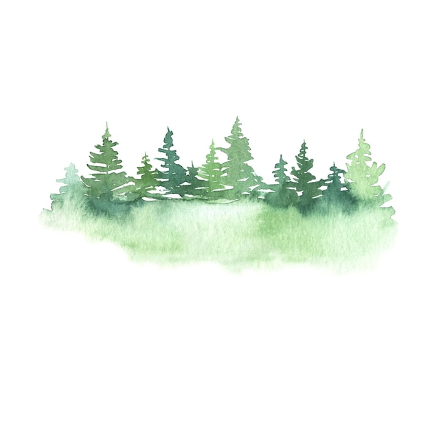 Watercolor hand painted green forest landscape