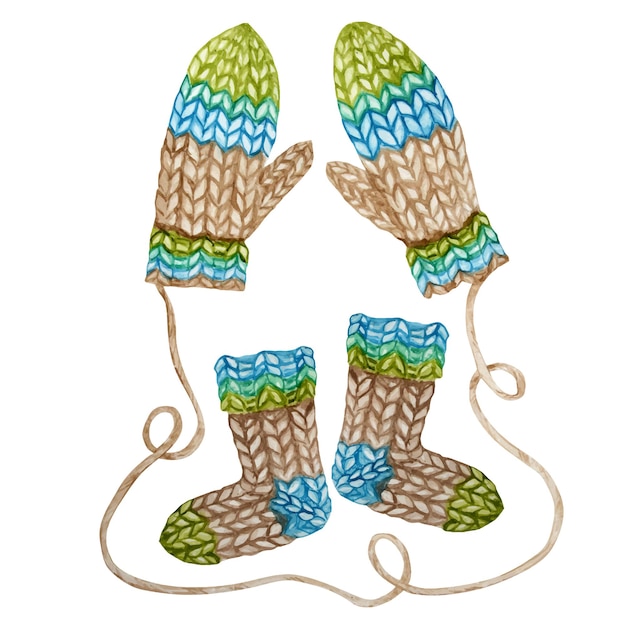 Watercolor hand painted knitted winter woolen clothes set. mitten, socks.