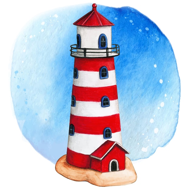 Vector watercolor hand painted lighthouse red white and blue