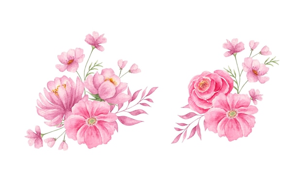 Vector watercolor hand painted pink flower bouquet set collection