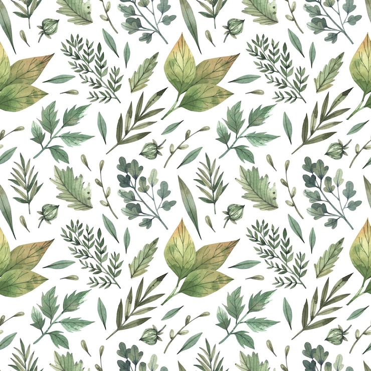 Vector watercolor hand painted seamless pattern with wild leaves and herbs nature rustic background