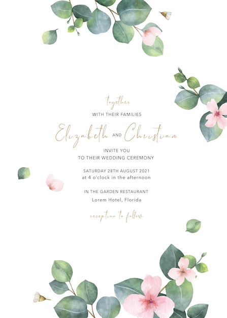 ベクトル 水彩の手描きの結婚式招待状カード テンプレート