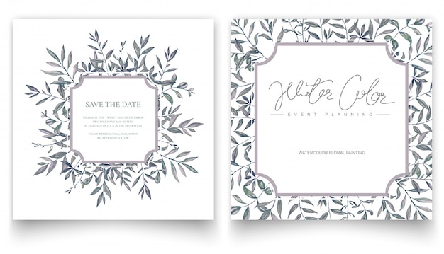 Vector watercolor hand painting leaves, invitation card.