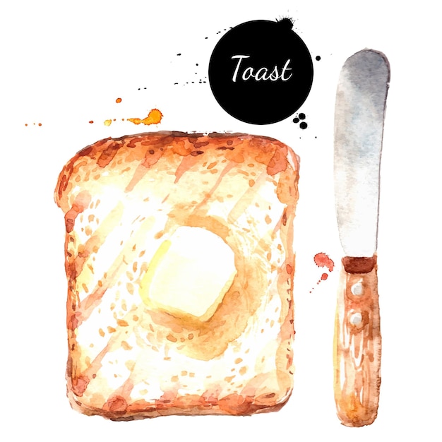 Vector watercolor handdrawn breakfast illustration of toast with butter vector painted sketch food isolated