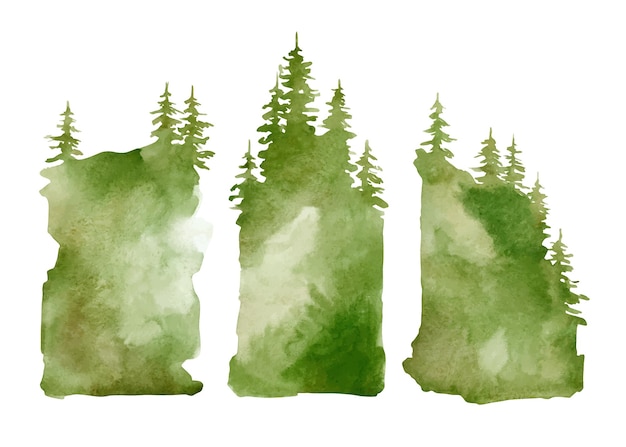 Watercolor handdrawn green forest and mountain