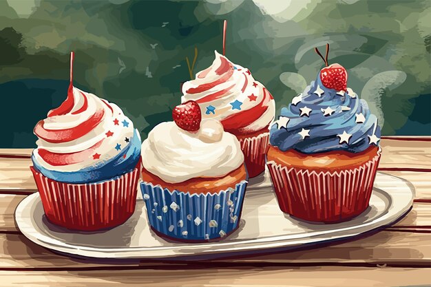 Vector watercolor handdrawn illustration decor for usa independence day cupcake sweets ice cream