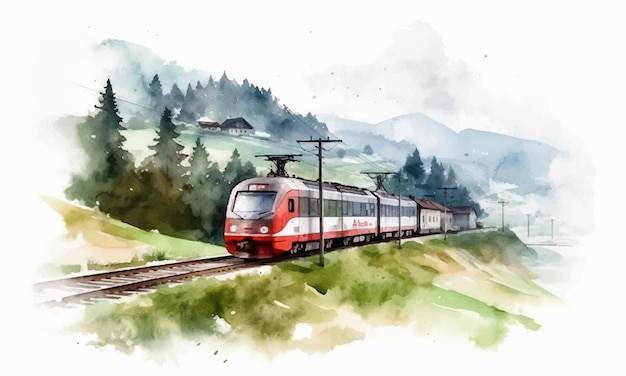 Watercolor handdrawn locomotive train with big clouds of smoke an aerial perspective