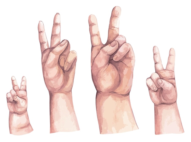 Watercolor hands peace sign clipart set