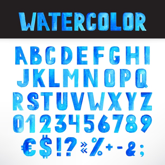 Vector watercolor handwritten blue alphabet letters