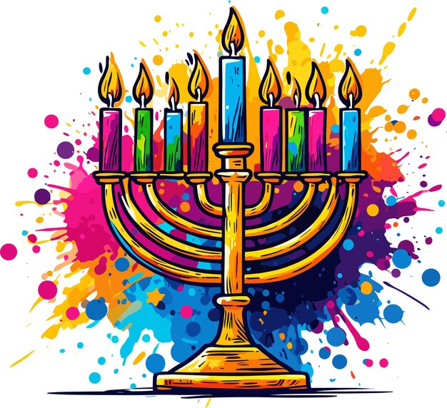 Illustrazione ad acquerello di hanukkah con menora d'oro e sfondo splatter