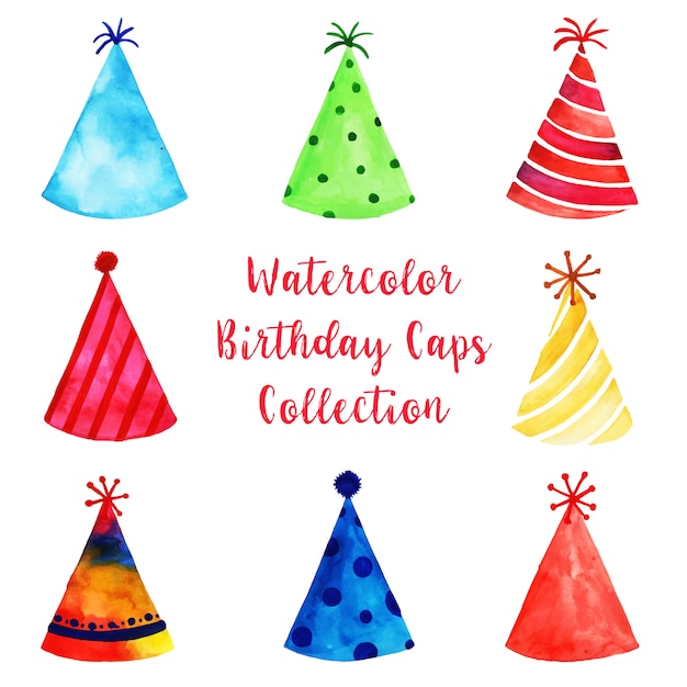 Vector watercolor happy birthday cap's collection