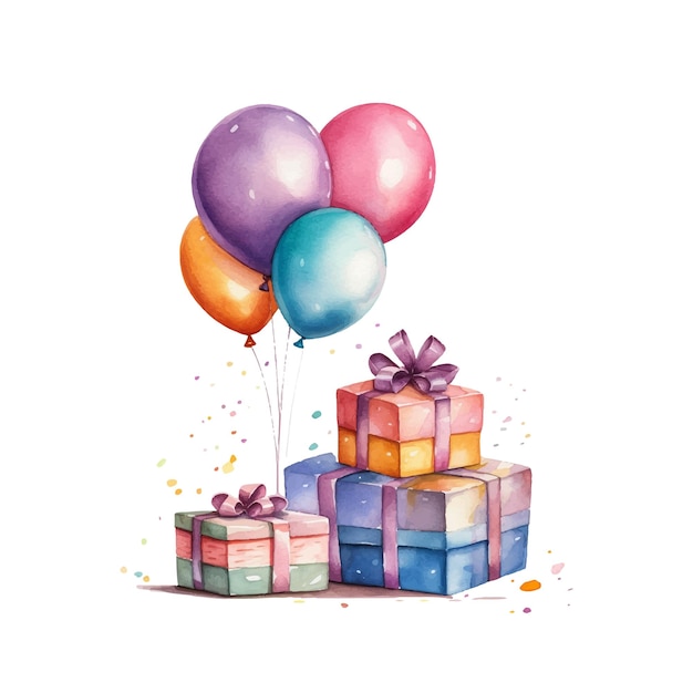 Watercolor Happy Birthday Gift Boxes with Balloons