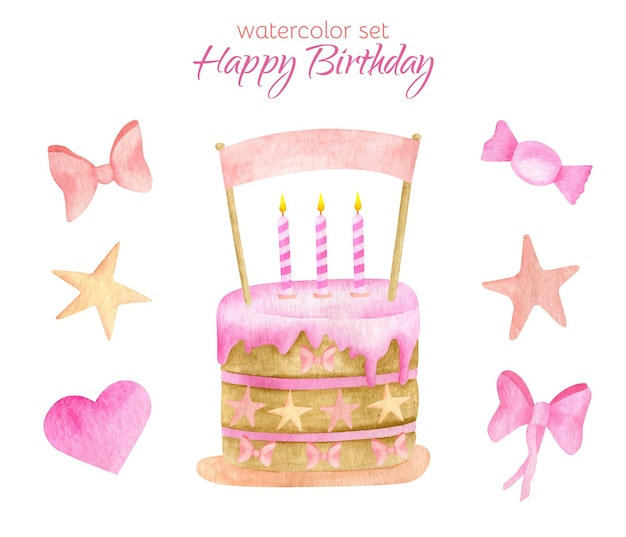 Watercolor happy birthday set. cake with candles and topper illustration