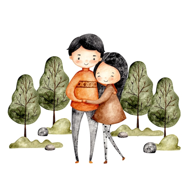 Vector watercolor happy couple with tree