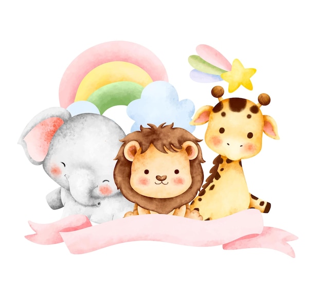 Watercolor happy cute safari animals and ribbon