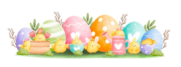 Watercolor Happy Easter chick with Easter eggs in the garden banner