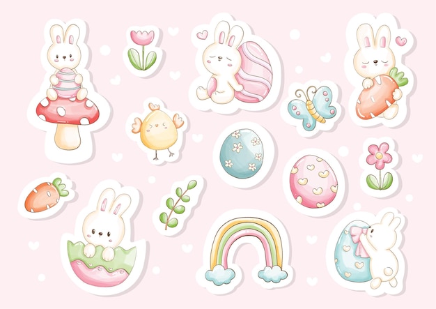 Vector watercolor happy easter day stickers with cute bunny and easter's elements