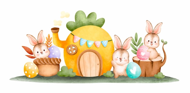 Watercolor Happy Easter rabbit with Easter eggs in the garden