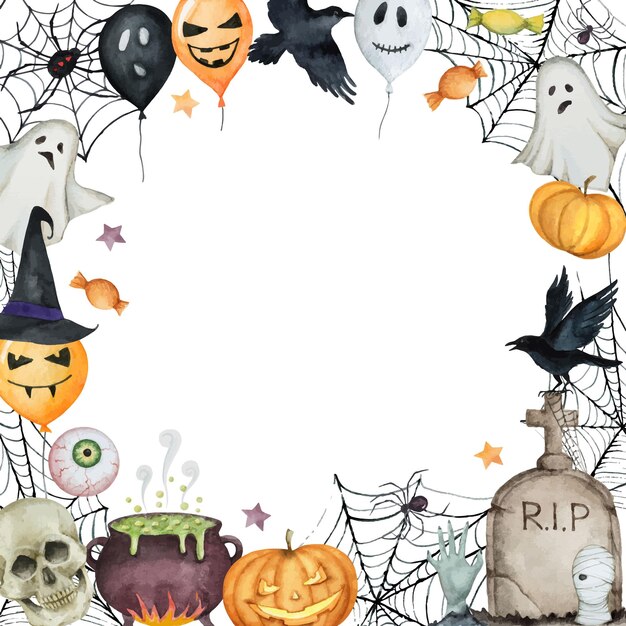 Watercolor Happy Halloween card isolated on a white background