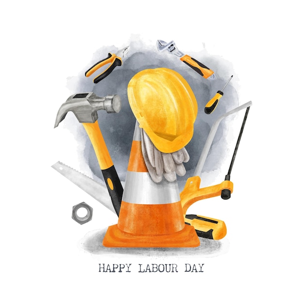 Vector watercolor happy labor day hand drawn illustration with construction tools