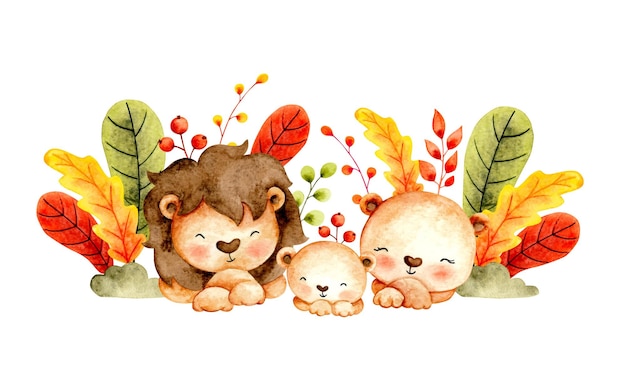 Watercolor happy lion family and leaves