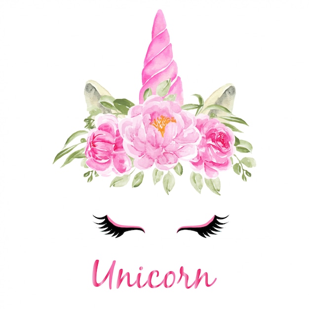 Watercolor head of unicorn with floral wreath pink