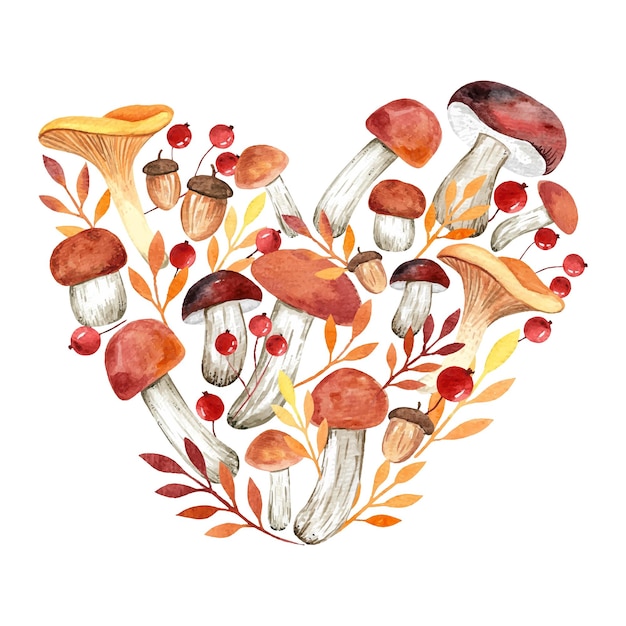 Watercolor heart made of mushrooms autumn leaves and berries