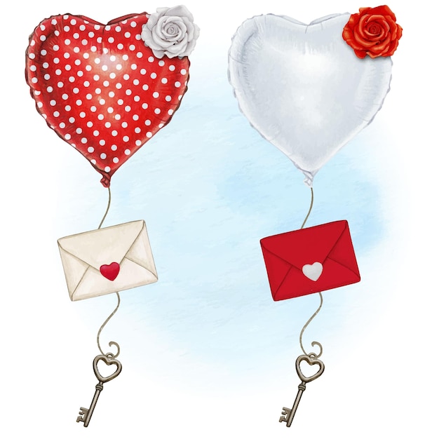 Palloncino a forma di cuore dell'acquerello con busta d'amore e chiave del cuore