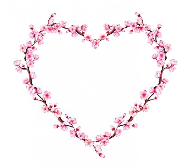 Watercolor  heart shaped wreath with sakura branches, cherry blosssom.