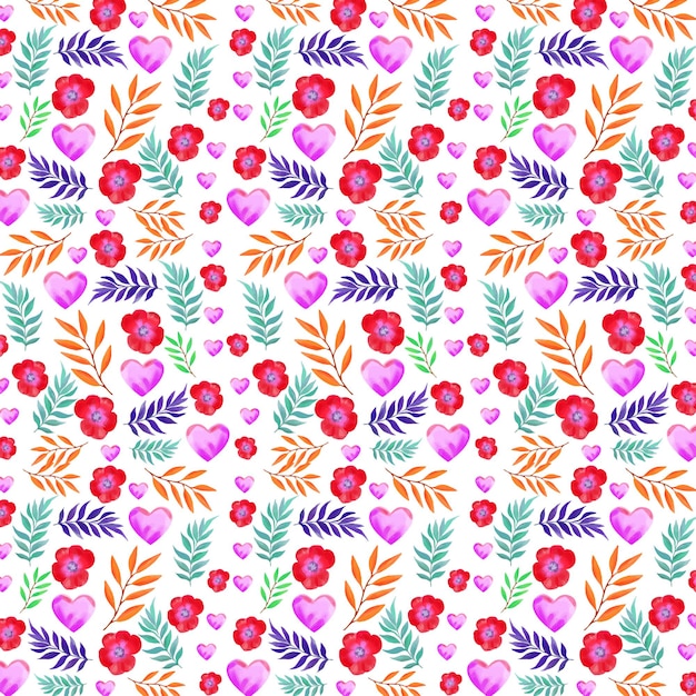 Watercolor heart with floral valentines seamless pattern