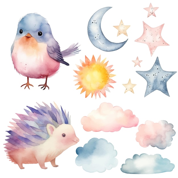 Watercolor hedgehog and bird set Vector clip art image with hand drawn nursery elements wall stickers