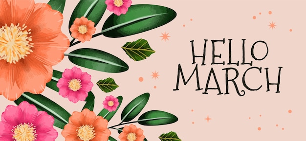 Watercolor hello march background and banner