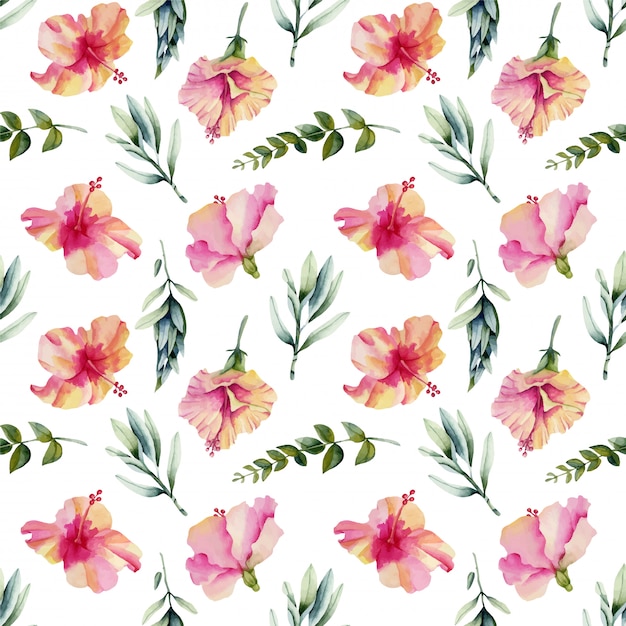 Watercolor hibiscus flowers seamless pattern