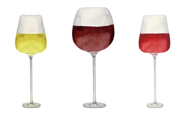 Watercolor high glasses of red rose and white wine isolated on white