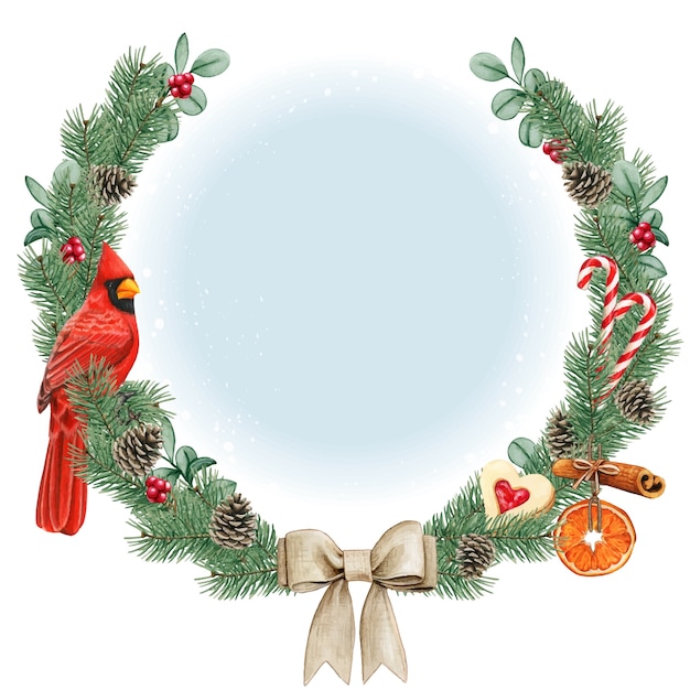 Watercolor high quality christmas wreath with red cardinal bird