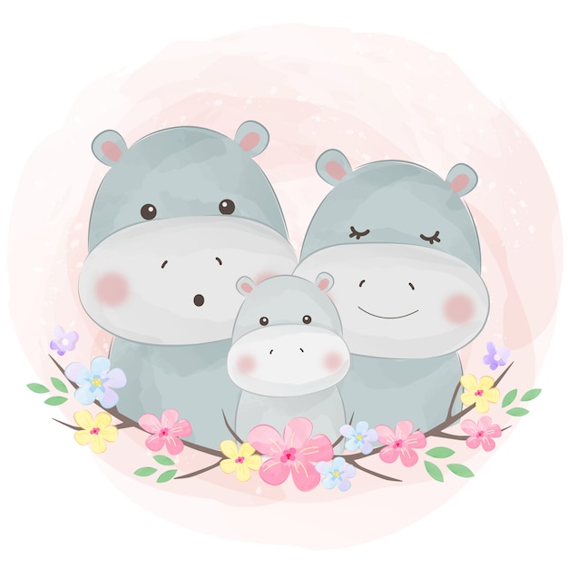 Watercolor hippo family illustration