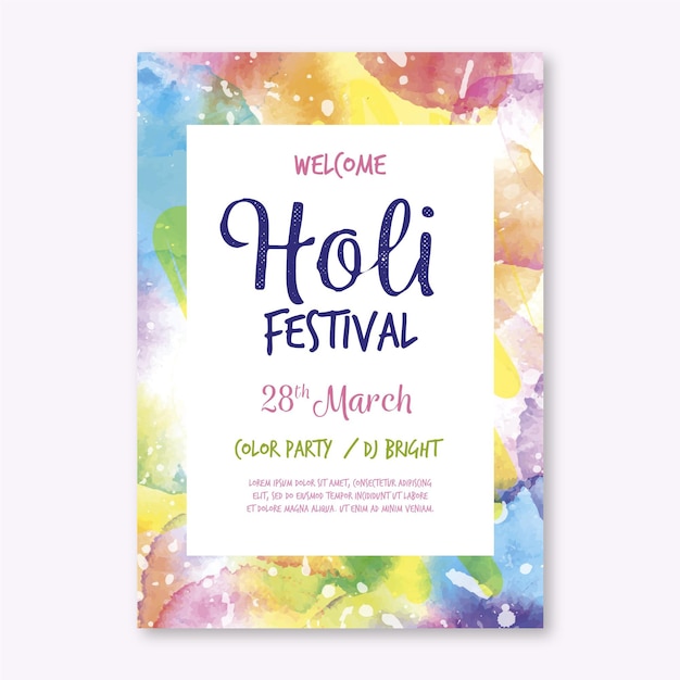 Modello di poster verticale del festival di holi dell'acquerello