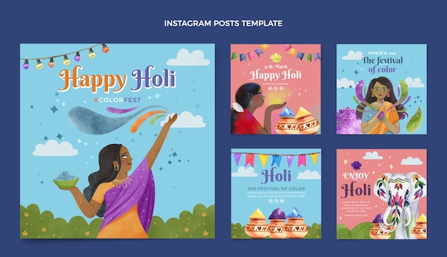 Collezione di post di instagram holi acquerello