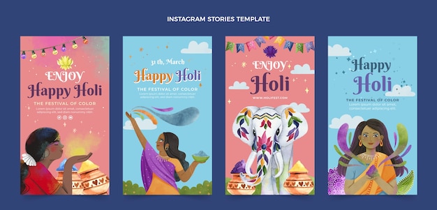 Collezione di storie di instagram holi acquerello