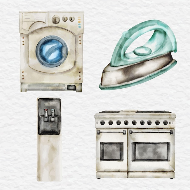 Vector watercolor home appliance element collection set