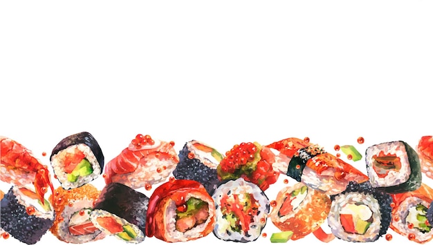 Watercolor horizontal flatlay composition, seamless border with traditional Japanese food, sushi.