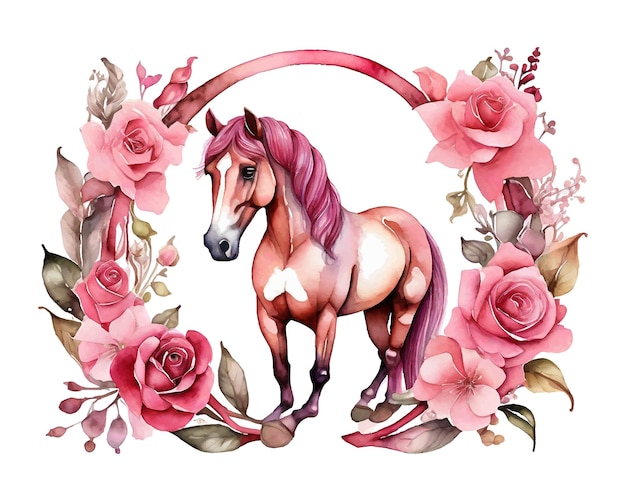 Watercolor horse vector with floral design