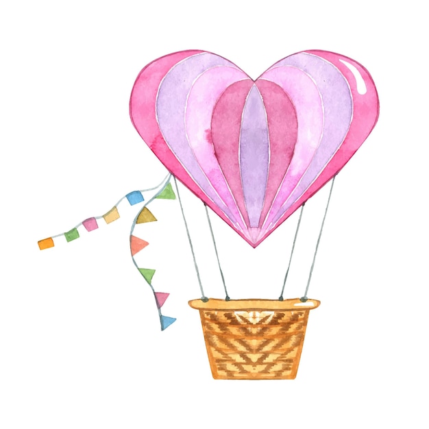 Vector watercolor hot air balloon in shape of heart