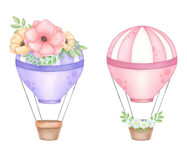 Watercolor hot air balloons with flowers wreath