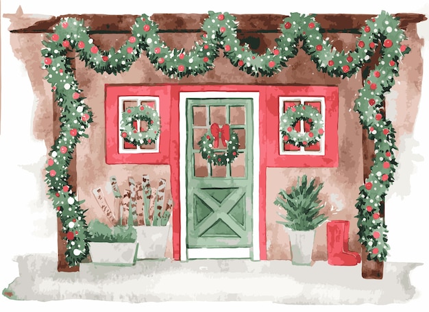クリスマスの水彩家の入り口のイラスト