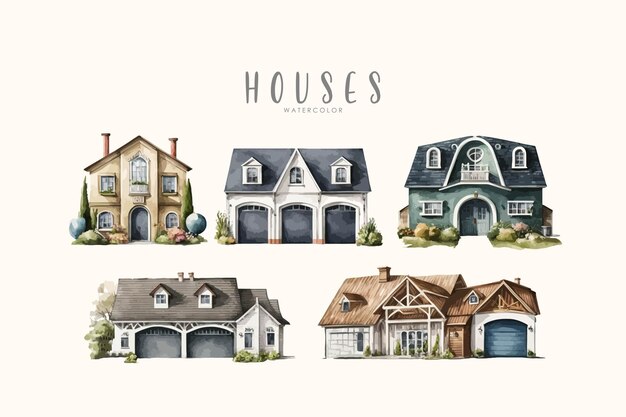 Watercolor house illustration set on isolated simple background