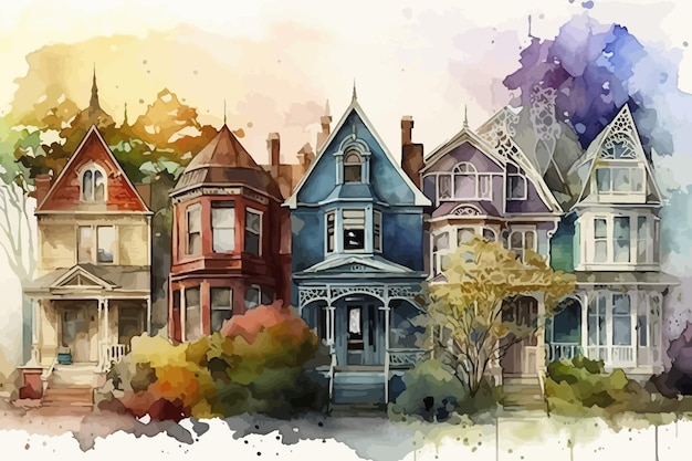 Vector watercolor house rural landscape