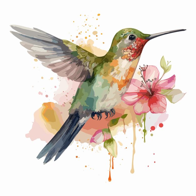 Vector watercolor hummingbird bird isolated on a white background