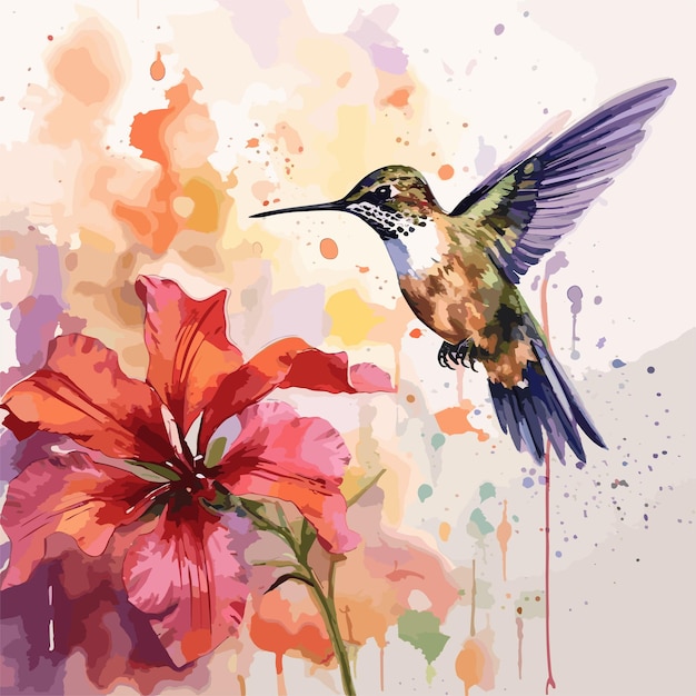 Watercolor hummingbird and flower