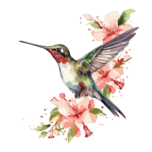 Watercolor hummingbird and flower